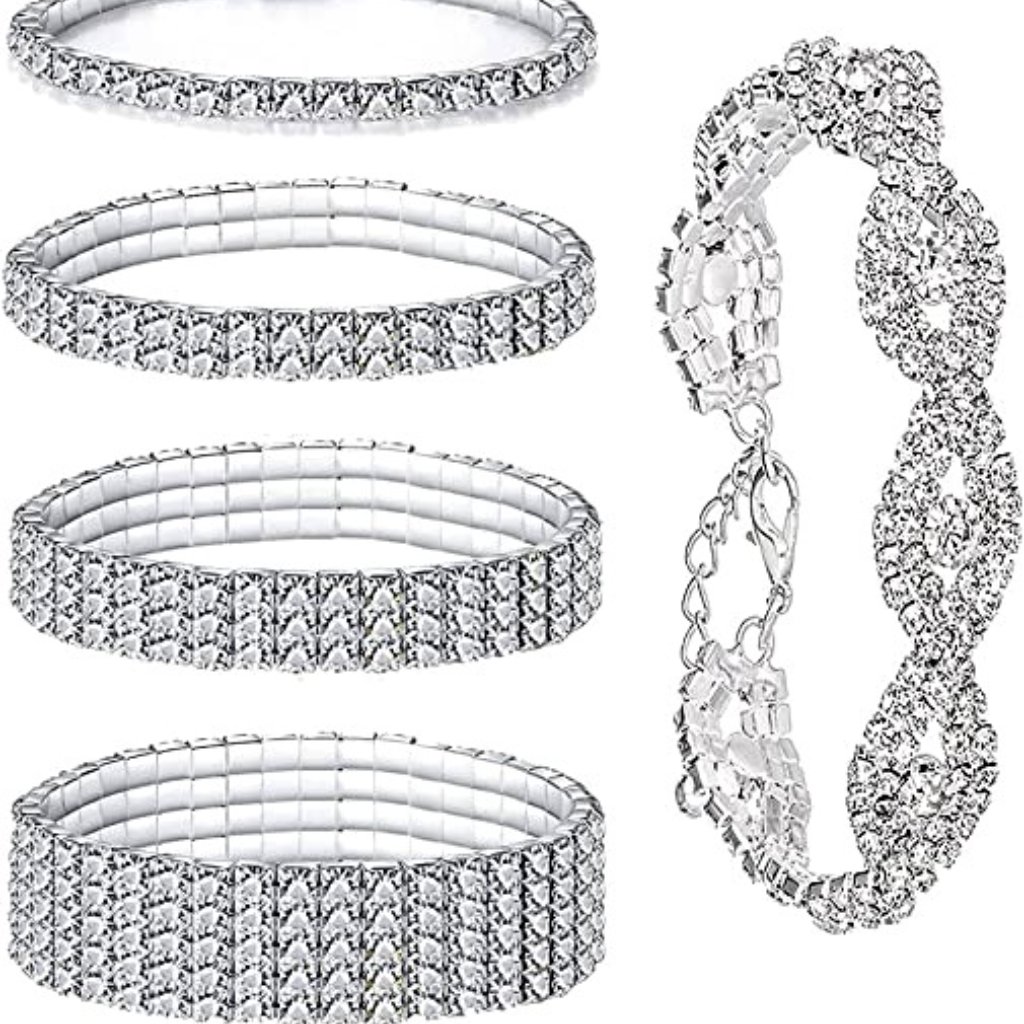 5 Piece Sparkly Clear Rhinestone Stretch Bracelets Bangle For Women Bling Silver